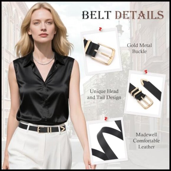 2 Pack Women\'s Faux Leather Belts with Gold Buckle for Jeans Dresses